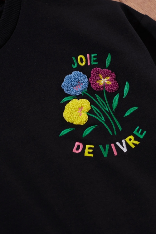 Siyah Çiçek Nakışlı Bisiklet Yaka Kız Çocuk Sweatshirt 19652