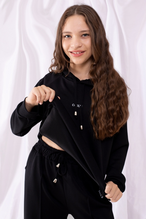 Siyah Cool Yazılı Kapüşonlu Geniş Paça Kız Çocuk Eşofman Takımı 19534