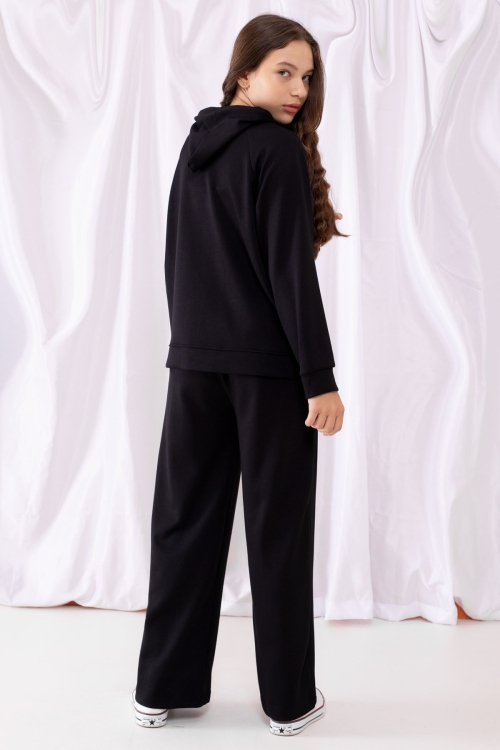 Siyah Cool Yazılı Kapüşonlu Geniş Paça Kız Çocuk Eşofman Takımı 19534