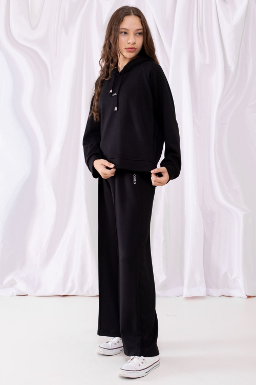 Siyah Cool Yazılı Kapüşonlu Geniş Paça Kız Çocuk Eşofman Takımı 19534
