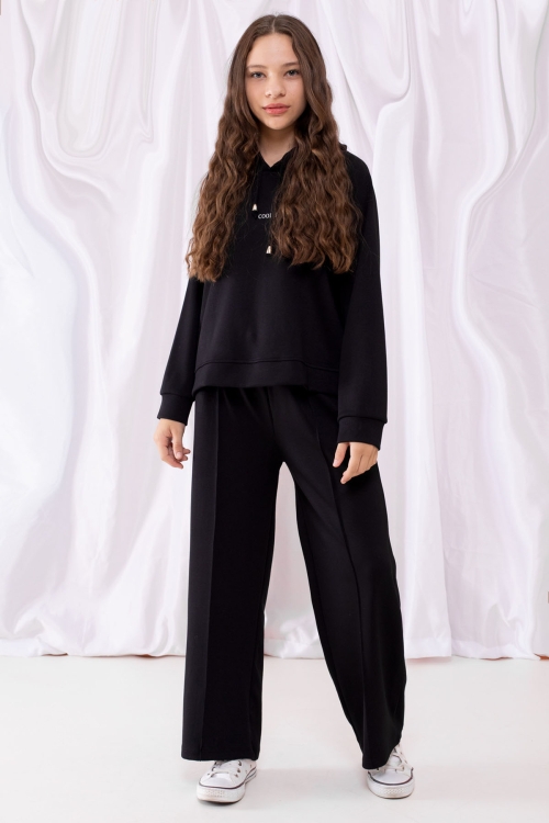 Siyah Cool Yazılı Kapüşonlu Geniş Paça Kız Çocuk Eşofman Takımı 19534