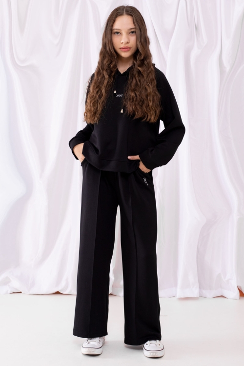 Siyah Cool Yazılı Kapüşonlu Geniş Paça Kız Çocuk Eşofman Takımı 19534