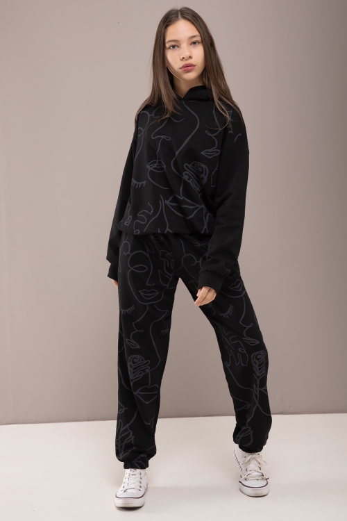 Siyah Desenli Kapüşonlu Kız Çocuk Alt Üst Eşofman Takımı 19785