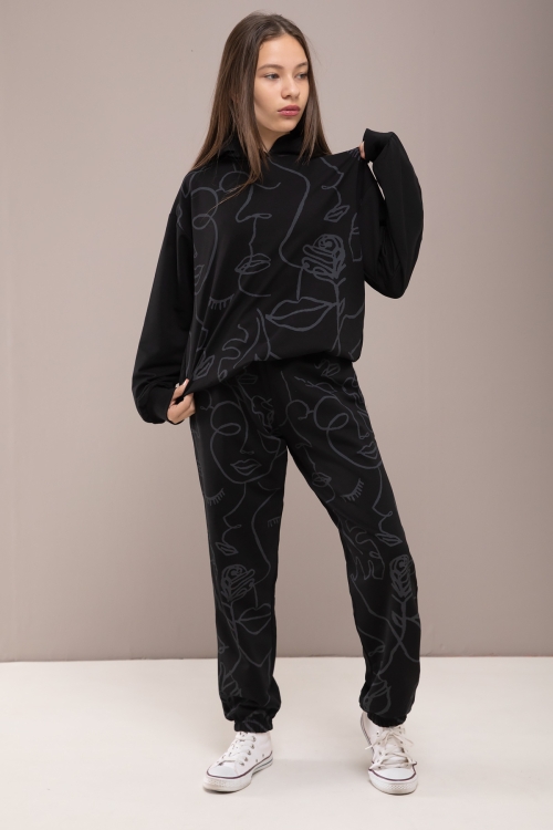 Siyah Desenli Kapüşonlu Kız Çocuk Alt Üst Eşofman Takımı 19785