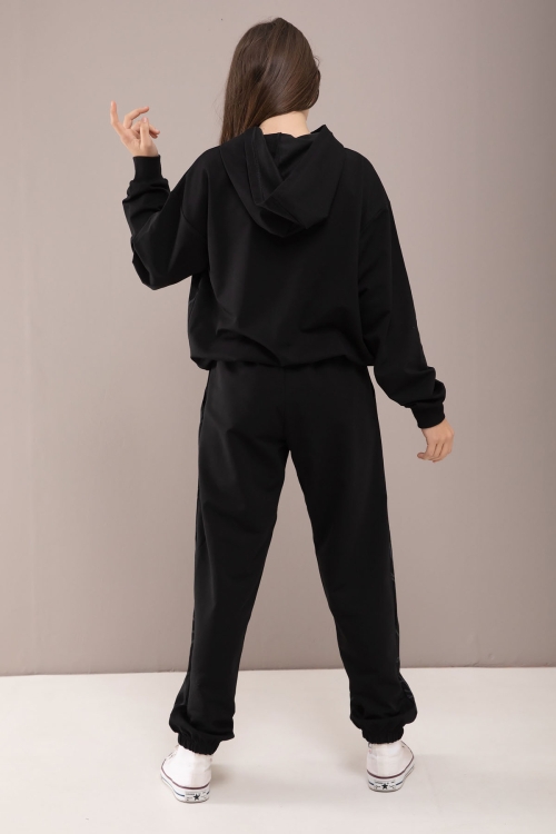 Siyah Desenli Kapüşonlu Kız Çocuk Alt Üst Eşofman Takımı 19785