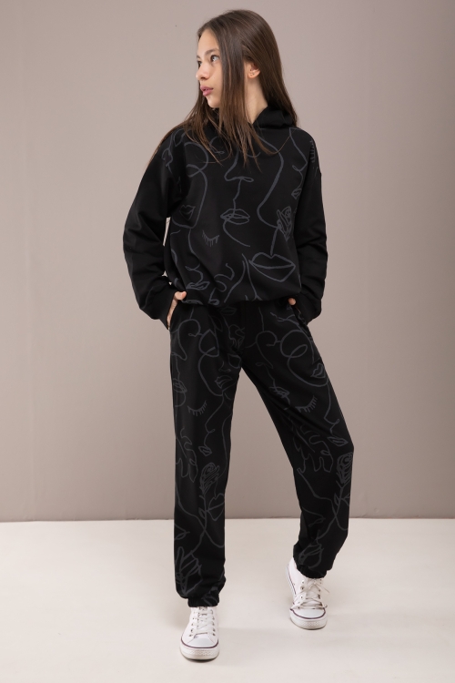 Siyah Desenli Kapüşonlu Kız Çocuk Alt Üst Eşofman Takımı 19785