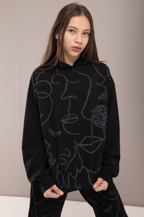 Siyah Desenli Kapüşonlu Kız Çocuk Alt Üst Eşofman Takımı 19785