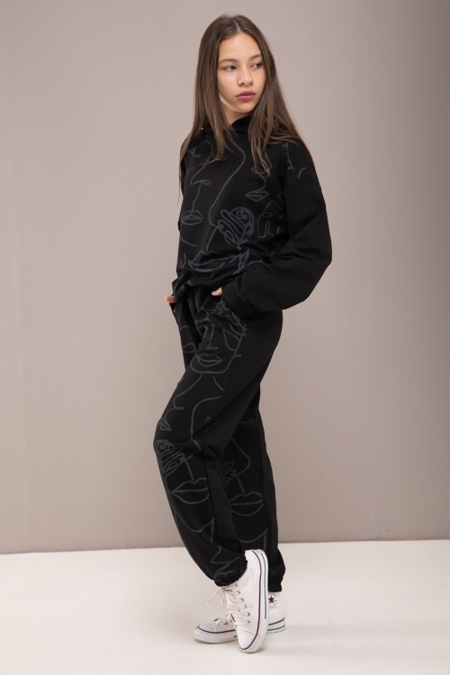 Siyah Desenli Kapüşonlu Kız Çocuk Alt Üst Eşofman Takımı 19785