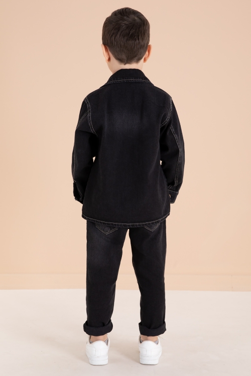Siyah Düğmeli Jean Ceketli Pantolonlu Erkek Çocuk 3lü Takım 20009