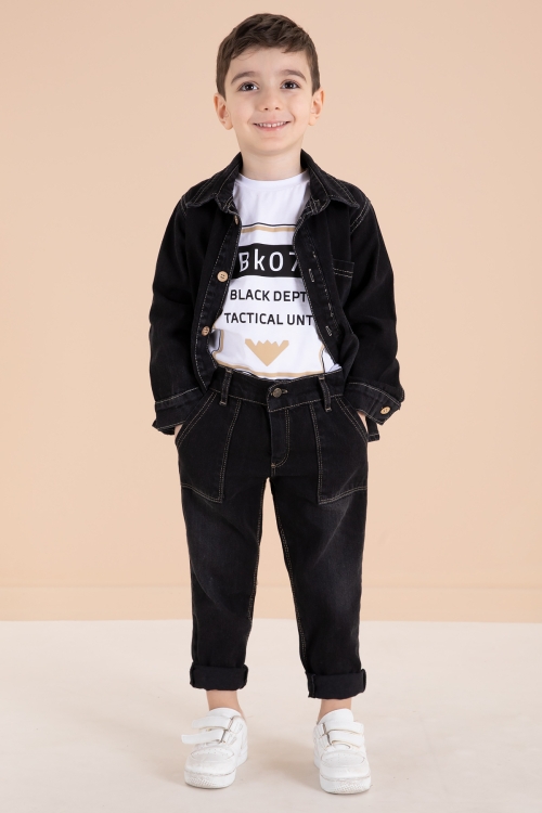 Siyah Düğmeli Jean Ceketli Pantolonlu Erkek Çocuk 3lü Takım 20009