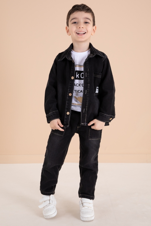 Siyah Düğmeli Jean Ceketli Pantolonlu Erkek Çocuk 3lü Takım 20009