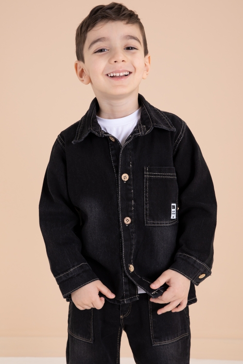 Siyah Düğmeli Jean Ceketli Pantolonlu Erkek Çocuk 3lü Takım 20009
