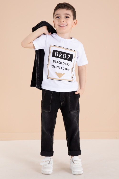 Siyah Düğmeli Jean Ceketli Pantolonlu Erkek Çocuk 3lü Takım 20009