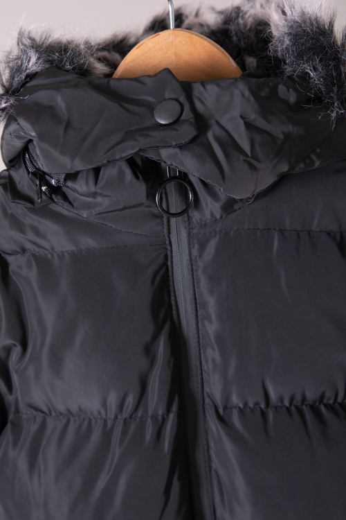 Siyah Düz Desen Fermuar Cepli Kürklü Kız Çocuk Kapüşonlu Mont 19892