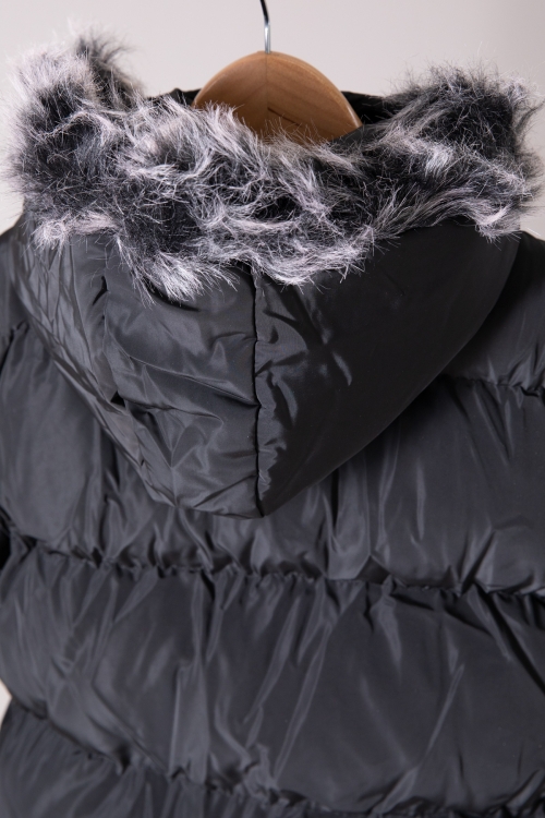 Siyah Düz Desen Fermuar Cepli Kürklü Kız Çocuk Kapüşonlu Mont 19892