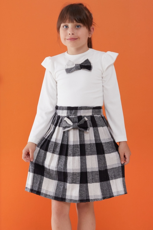 Siyah Ekose Etekli Fiyonklu Badili Kız Çocuk Elbise Takımı 5-9 Yaş 17738