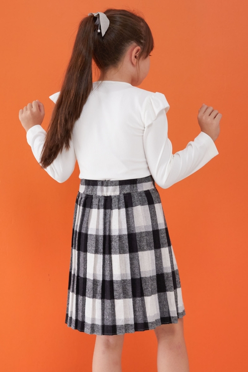 Siyah Ekose Etekli Fiyonklu Badili Kız Çocuk Elbise Takımı 5-9 Yaş 17738