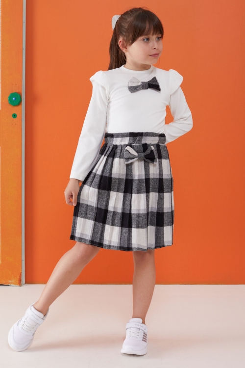 Siyah Ekose Etekli Fiyonklu Badili Kız Çocuk Elbise Takımı 5-9 Yaş 17738