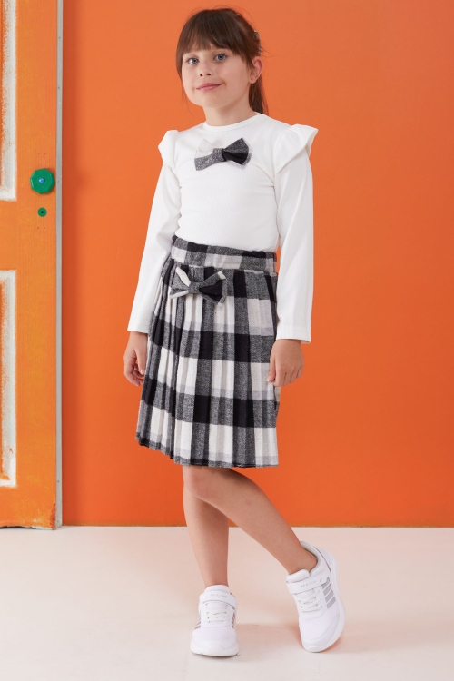 Siyah Ekose Etekli Fiyonklu Badili Kız Çocuk Elbise Takımı 5-9 Yaş 17738