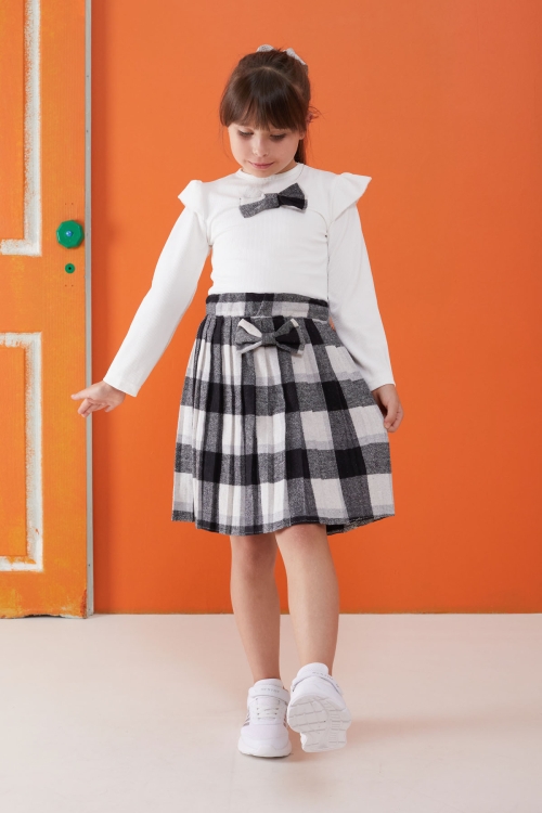 Siyah Ekose Etekli Fiyonklu Badili Kız Çocuk Elbise Takımı 5-9 Yaş 17738