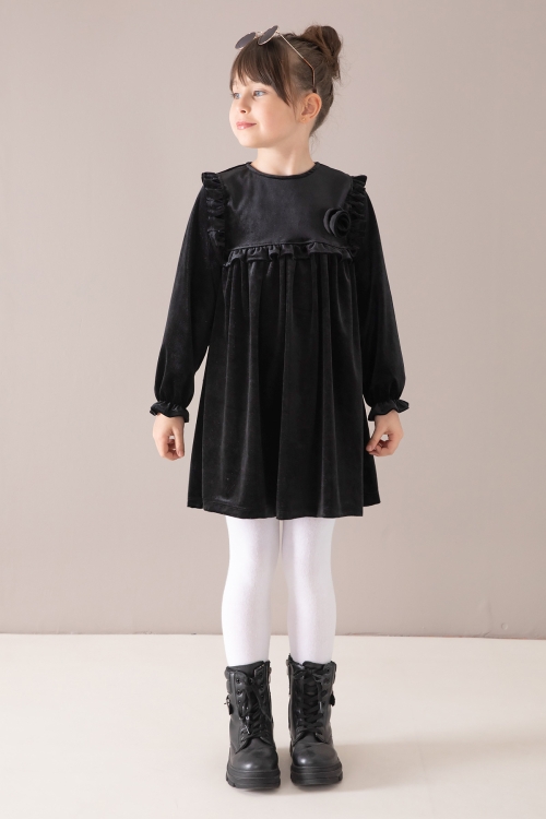 Siyah Fırfır Detaylı Uzun Kol Kız Çocuk Kadife Elbise 19810