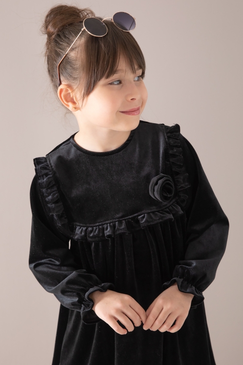 Siyah Fırfır Detaylı Uzun Kol Kız Çocuk Kadife Elbise 19810