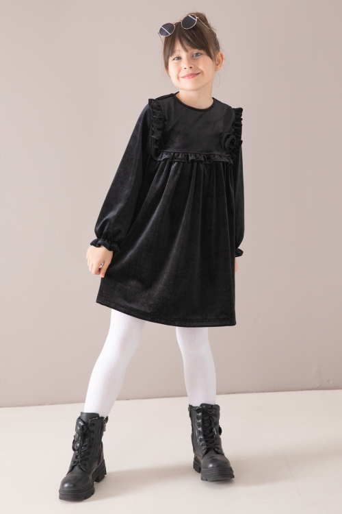 Siyah Fırfır Detaylı Uzun Kol Kız Çocuk Kadife Elbise 19810