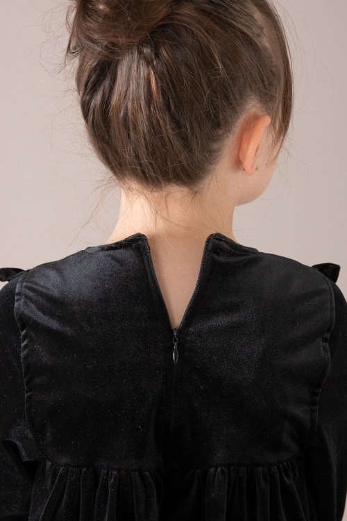 Siyah Fırfır Detaylı Uzun Kol Kız Çocuk Kadife Elbise 19810