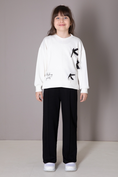 Siyah Fiyonklu Badili Geniş Paça Pantolonlu Kız Çocuk Takım 19880