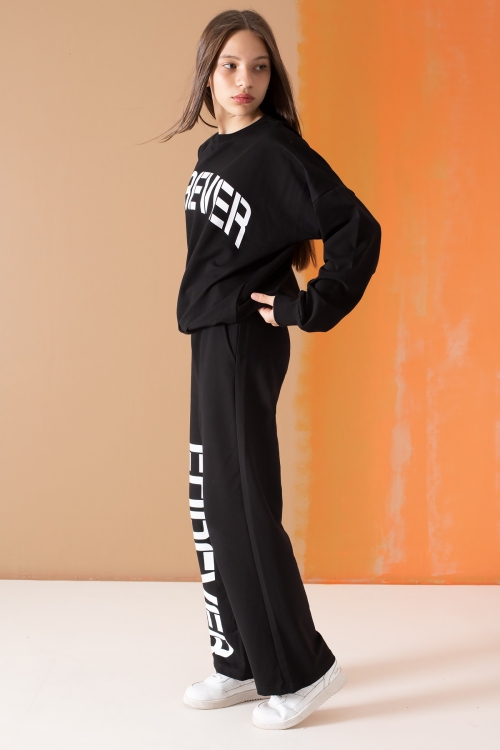 Siyah Forever Yazı Baskılı Kız Çocuk Eşofman Takımı 19570