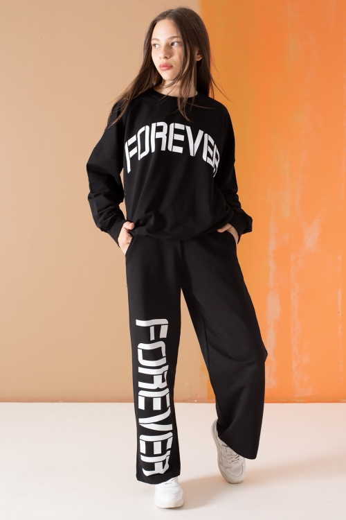 Siyah Forever Yazı Baskılı Kız Çocuk Eşofman Takımı 19570