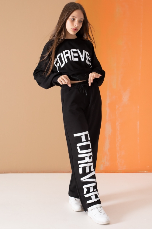 Siyah Forever Yazı Baskılı Kız Çocuk Eşofman Takımı 19570