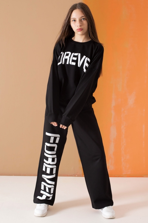 Siyah Forever Yazı Baskılı Kız Çocuk Eşofman Takımı 19570