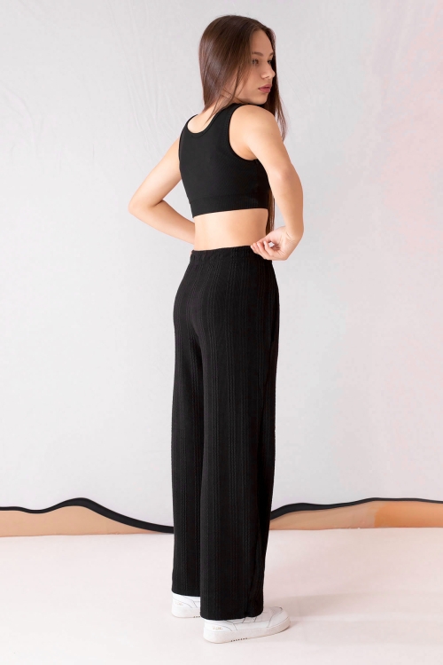 Siyah Geniş Paça Desenli Kız Çocuk Pantolon 19747