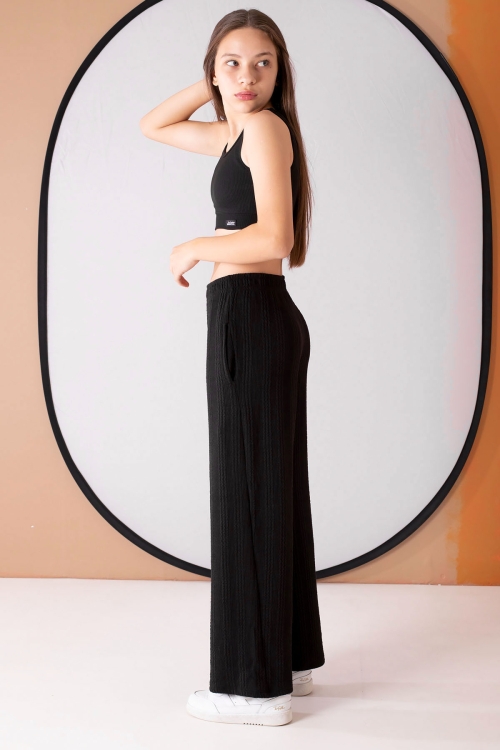 Siyah Geniş Paça Desenli Kız Çocuk Pantolon 19747