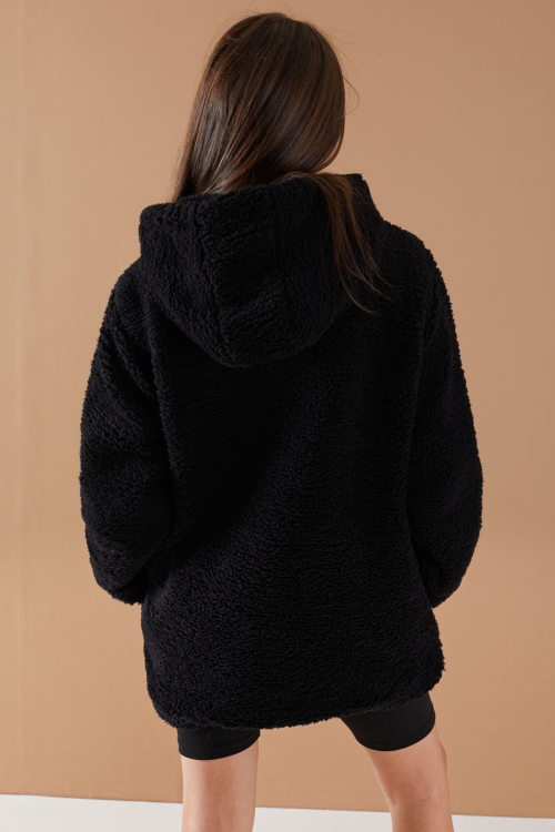 Siyah Göğüs Cepli Kapüşonlu Kız Çocuk Peluş Hırka 19499