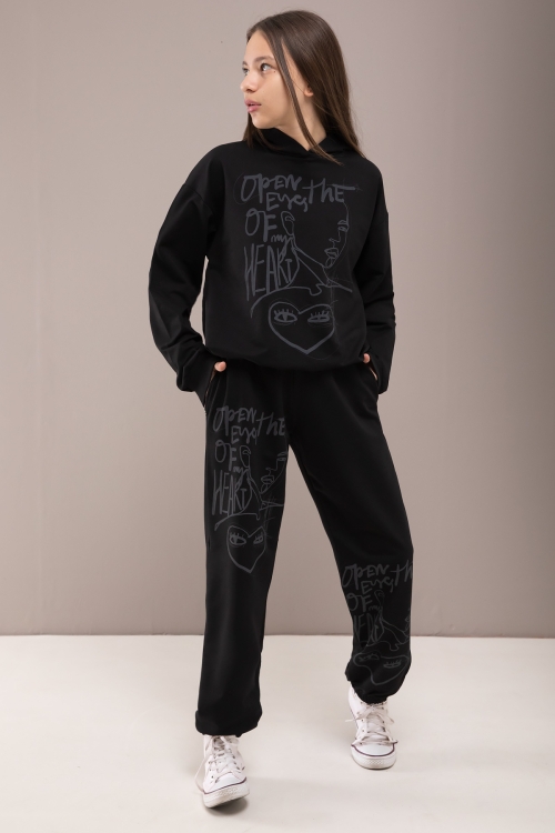 Siyah Heart Yazılı Desenli Kapüşonlu Kız Çocuk Eşofman Takımı 19772