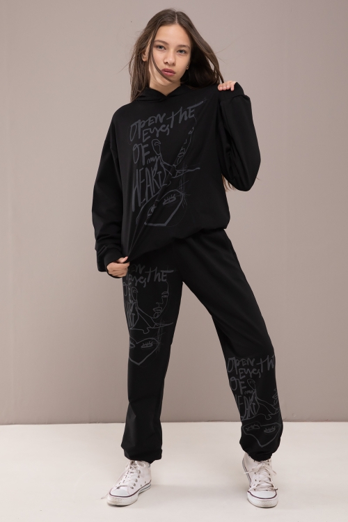 Siyah Heart Yazılı Desenli Kapüşonlu Kız Çocuk Eşofman Takımı 19772