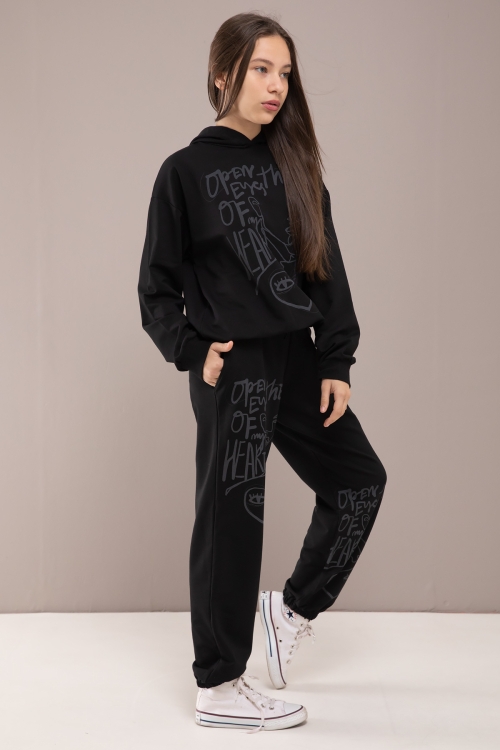 Siyah Heart Yazılı Desenli Kapüşonlu Kız Çocuk Eşofman Takımı 19772