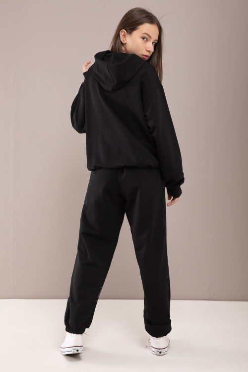 Siyah Heart Yazılı Desenli Kapüşonlu Kız Çocuk Eşofman Takımı 19772