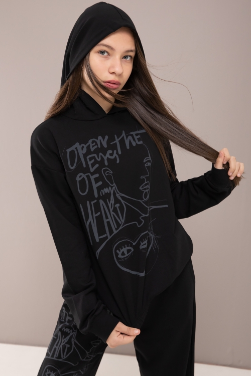 Siyah Heart Yazılı Desenli Kapüşonlu Kız Çocuk Eşofman Takımı 19772