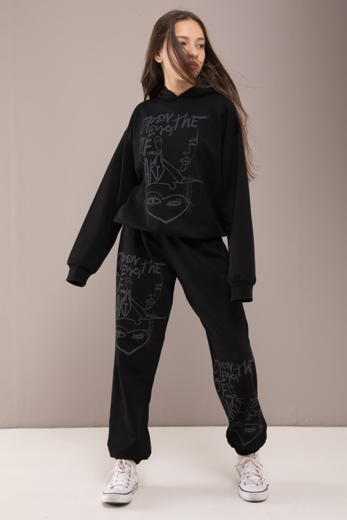 Siyah Heart Yazılı Desenli Kapüşonlu Kız Çocuk Eşofman Takımı 19772