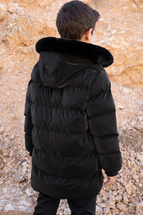 Siyah İçi Kürklü Çıkarılabilir Kapüşonlu Erkek Çocuk Şişme Mont 19690