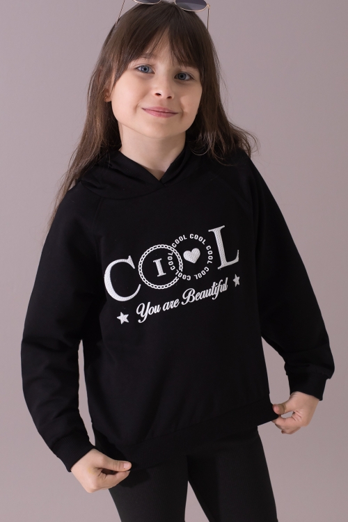 Siyah Kabartmalı Cool Yazılı Kapüşonlu Kız Çocuk Sweatshirt 19698