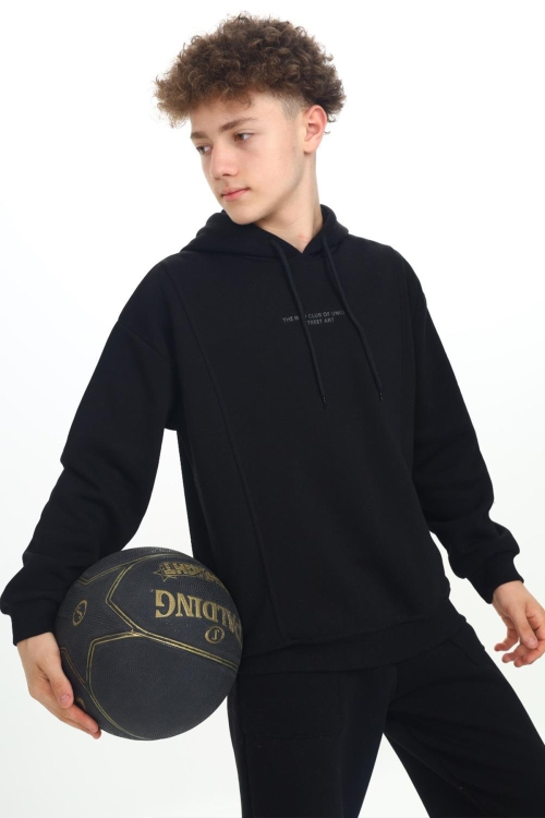 Siyah Kabartmalı Yazılı Kapüşonlu Erkek Çocuk Sweatshirt 19306