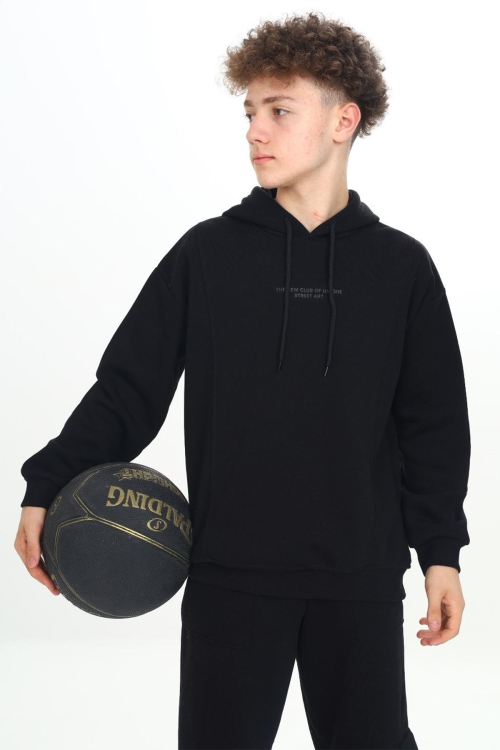 Siyah Kabartmalı Yazılı Kapüşonlu Erkek Çocuk Sweatshirt 19306