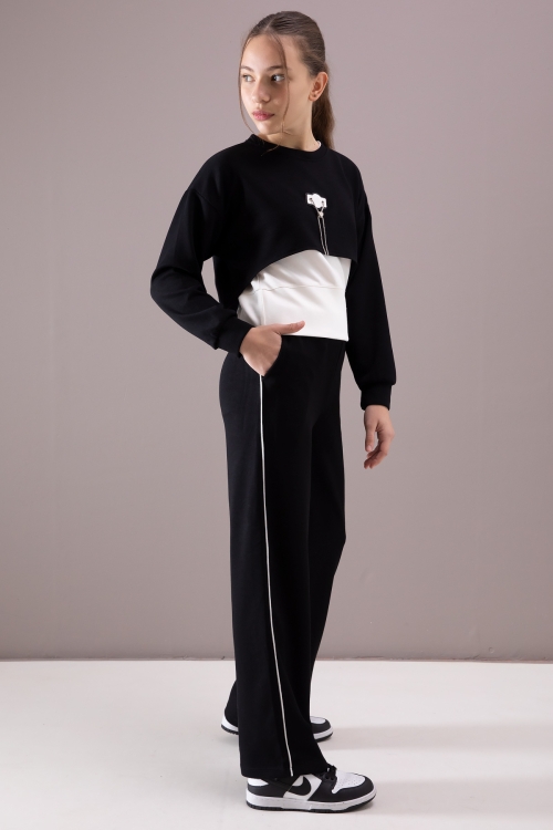 Siyah Kalpli Charm Detaylı Croplu Kız Çocuk 3lü Takım 19883