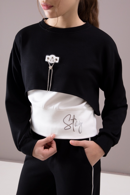 Siyah Kalpli Charm Detaylı Croplu Kız Çocuk 3lü Takım 19883