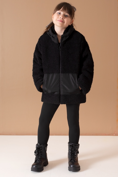 Siyah Kanguru Cepli Kapüşonlu Kız Çocuk Peluş Hırka 19673