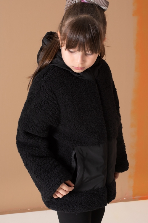 Siyah Kanguru Cepli Kapüşonlu Kız Çocuk Peluş Hırka 19673